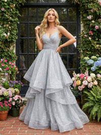 A-Line Glitter Tulle Spaghetti Straps Tiered Ruffles Prom Dresses Ruched Bodice Ball Gowns