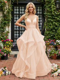 A-Line/Princess Glitter Tulle Tiered Ruffles Spaghetti Straps Prom Dresses