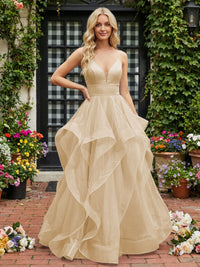 A-Line/Princess Glitter Tulle Tiered Ruffles Spaghetti Straps Prom Dresses