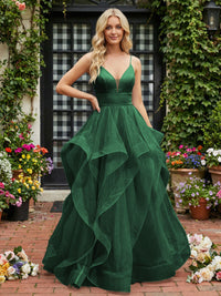 A-Line/Princess Glitter Tulle Tiered Ruffles Spaghetti Straps Prom Dresses
