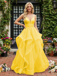 A-Line/Princess Glitter Tulle Tiered Ruffles Spaghetti Straps Prom Dresses