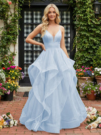 A-Line/Princess Glitter Tulle Tiered Ruffles Spaghetti Straps Prom Dresses