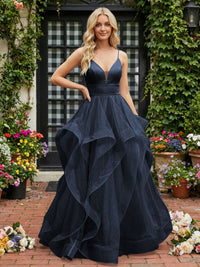 A-Line/Princess Glitter Tulle Tiered Ruffles Spaghetti Straps Prom Dresses