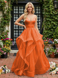 A-Line/Princess Glitter Tulle Tiered Ruffles Spaghetti Straps Prom Dresses