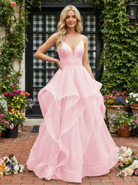 A-Line/Princess Glitter Tulle Tiered Ruffles Spaghetti Straps Prom Dresses