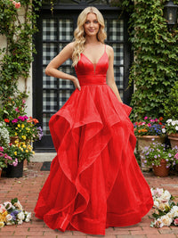 A-Line/Princess Glitter Tulle Tiered Ruffles Spaghetti Straps Prom Dresses