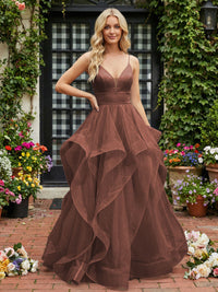 A-Line/Princess Glitter Tulle Tiered Ruffles Spaghetti Straps Prom Dresses
