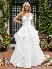 A-Line/Princess Glitter Tulle Tiered Ruffles Spaghetti Straps Prom Dresses