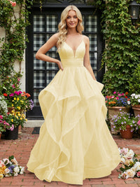 A-Line/Princess Glitter Tulle Tiered Ruffles Spaghetti Straps Prom Dresses