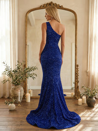 Mermaid/Trumpet Sparkly Sequin One Shoulder Prom Dresses Maxi Evening Gowns with Sweep Train
