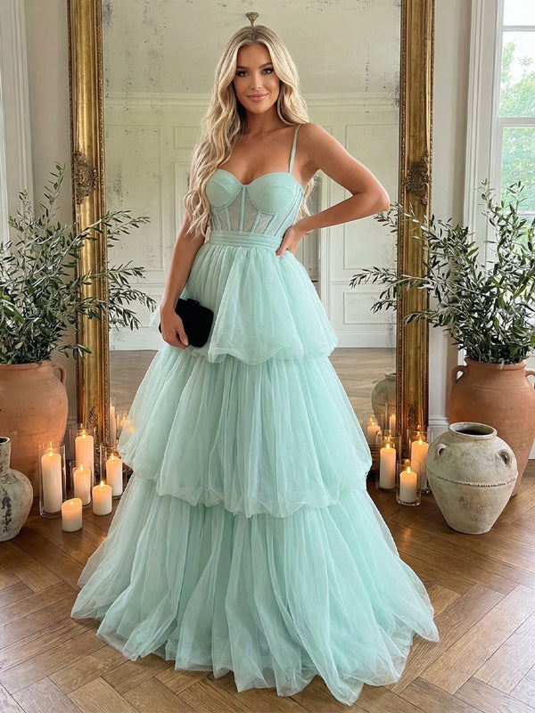 A-Line/Princess Sweetheart Tulle Tiered Ruffles Corset Bodice Prom Dresses Maxi Ball Gowns with Spaghetti Straps