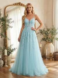 A-Line/Princess Tulle Spaghetti Straps Deep V-Neck Prom Dresses Maxi Ball Gowns with Lace Appliques