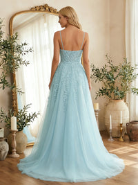 A-Line/Princess Tulle Spaghetti Straps Deep V-Neck Prom Dresses Maxi Ball Gowns with Lace Appliques