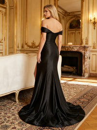 Sheath Off Shoulder Satin Corset Ruched Bodice Prom Dresses with High Slit