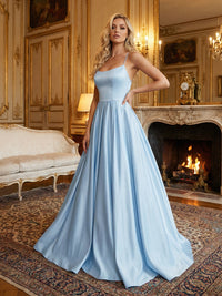 A-Line/Princess Satin Spaghetti Straps Prom Dresses Floor Length Ball Gowns with Sweep Train