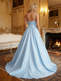 A-Line/Princess Satin Spaghetti Straps Prom Dresses Floor Length Ball Gowns with Sweep Train