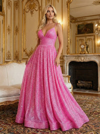 A-Line/Princess Sparkly Sequin Spaghetti Straps Prom Dresses Ruched Waist Maxi Evening Gowns