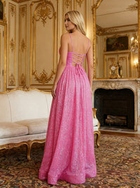 A-Line/Princess Sparkly Sequin Spaghetti Straps Prom Dresses Ruched Waist Maxi Evening Gowns