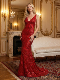 Mermaid/Trumpet Sparkly Sequin Deep V-Neck Prom Dresses Maxi Evening Party Gowns with Sweep Train