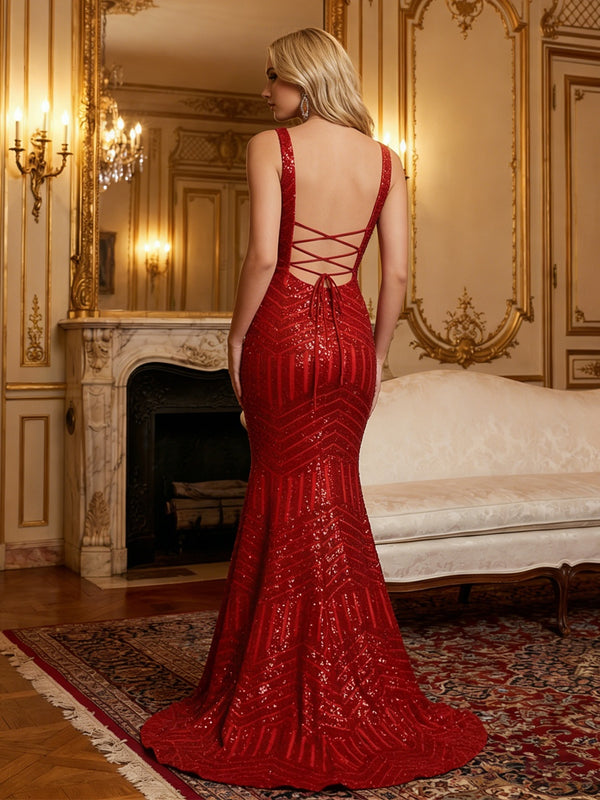 Mermaid/Trumpet Sparkly Sequin Deep V-Neck Prom Dresses Maxi Evening Party Gowns with Sweep Train