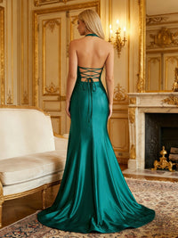 Sheath Satin Halter Deep V-Neck Prom Dresses Maxi Ruched Corset Waist Evening Gowns with High Slit & Sweep Train