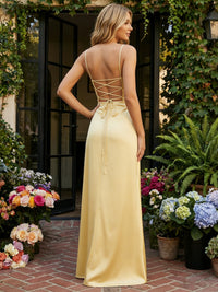 Sheath Satin Spaghetti Straps Prom Dresses Maxi Party Gowns with High Slit