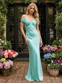 Sheath Satin Off Shoulder Prom Dresses Maxi Ruched Waist Party Gowns