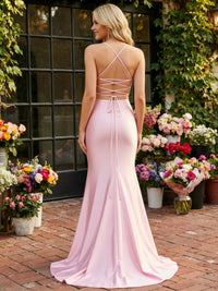 Mermaid/Trumpet Satin Spaghetti Straps Prom Dresses Maxi Evening Party Gowns with Sweep Train