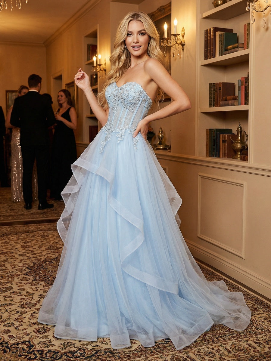 A-Line/Princess Tulle Strapless Sweetheart Prom Dresses Ruffled Maxi Ball Gowns with Lace Appliques