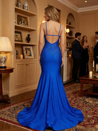 Mermaid/Trumpet Satin Spaghetti Straps Prom Dresses Maxi Evening Party Gowns with Rhinestones & Sweep Train