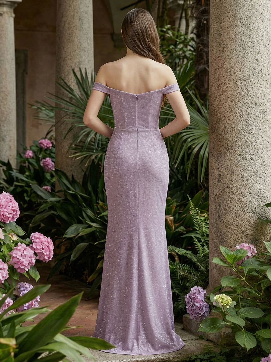 Sheath/Column Sparkly Sequin Off Shoulder Prom Dresses Ruched Waist Maxi Evening Party Gowns with Slit