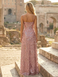 Sheath/Column Spaghetti Straps Cowl Neck Formal Dresses Maxi Party Gowns with Tulle Sequin Floral Applique