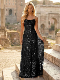 Sheath/Column Spaghetti Straps Cowl Neck Formal Dresses Maxi Party Gowns with Tulle Sequin Floral Applique