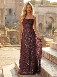 Sheath/Column Spaghetti Straps Cowl Neck Formal Dresses Maxi Party Gowns with Tulle Sequin Floral Applique