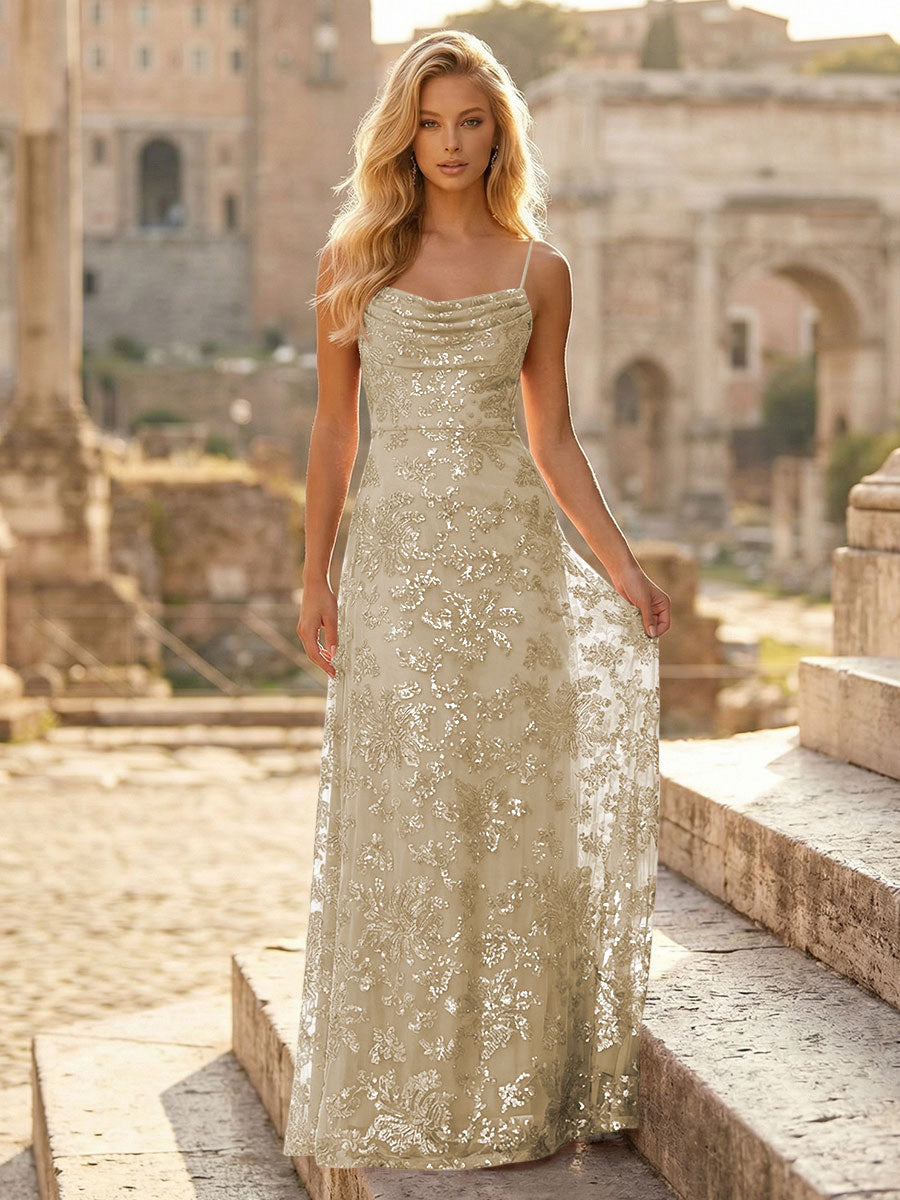 Sheath/Column Spaghetti Straps Cowl Neck Formal Dresses Maxi Party Gowns with Tulle Sequin Floral Applique