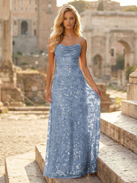 Sheath/Column Spaghetti Straps Cowl Neck Formal Dresses Maxi Party Gowns with Tulle Sequin Floral Applique