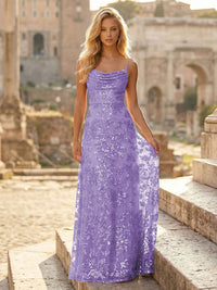 Sheath/Column Spaghetti Straps Cowl Neck Formal Dresses Maxi Party Gowns with Tulle Sequin Floral Applique