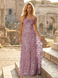 Sheath/Column Spaghetti Straps Cowl Neck Formal Dresses Maxi Party Gowns with Tulle Sequin Floral Applique