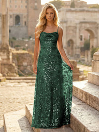 Sheath/Column Spaghetti Straps Cowl Neck Formal Dresses Maxi Party Gowns with Tulle Sequin Floral Applique