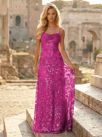 Sheath/Column Spaghetti Straps Cowl Neck Formal Dresses Maxi Party Gowns with Tulle Sequin Floral Applique