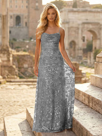 Sheath/Column Spaghetti Straps Cowl Neck Formal Dresses Maxi Party Gowns with Tulle Sequin Floral Applique