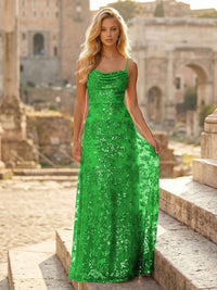 Sheath/Column Spaghetti Straps Cowl Neck Formal Dresses Maxi Party Gowns with Tulle Sequin Floral Applique