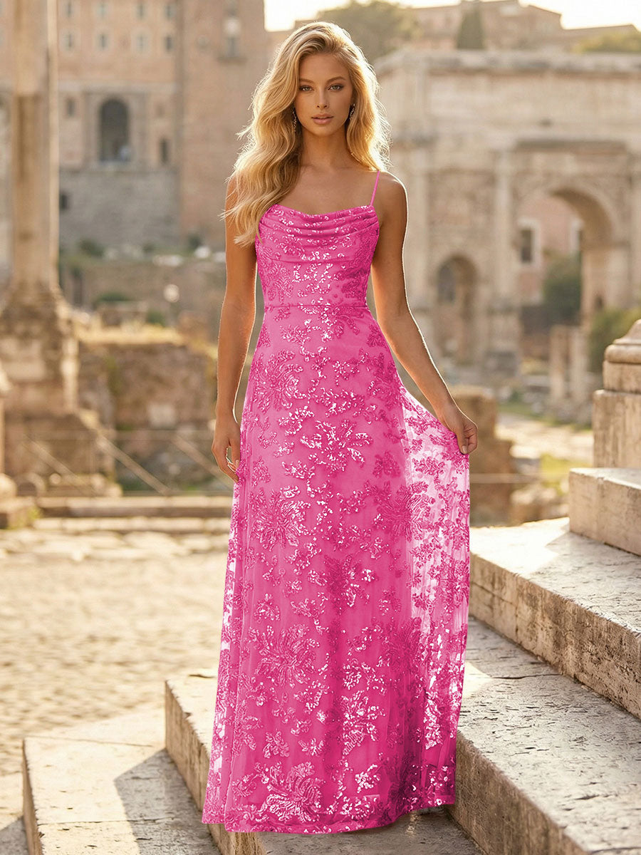 Sheath/Column Spaghetti Straps Cowl Neck Formal Dresses Maxi Party Gowns with Tulle Sequin Floral Applique