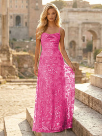 Sheath/Column Spaghetti Straps Cowl Neck Formal Dresses Maxi Party Gowns with Tulle Sequin Floral Applique