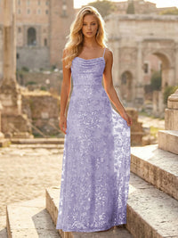 Sheath/Column Spaghetti Straps Cowl Neck Formal Dresses Maxi Party Gowns with Tulle Sequin Floral Applique
