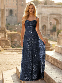 Sheath/Column Spaghetti Straps Cowl Neck Formal Dresses Maxi Party Gowns with Tulle Sequin Floral Applique