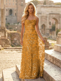 Sheath/Column Spaghetti Straps Cowl Neck Formal Dresses Maxi Party Gowns with Tulle Sequin Floral Applique