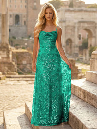 Sheath/Column Spaghetti Straps Cowl Neck Formal Dresses Maxi Party Gowns with Tulle Sequin Floral Applique