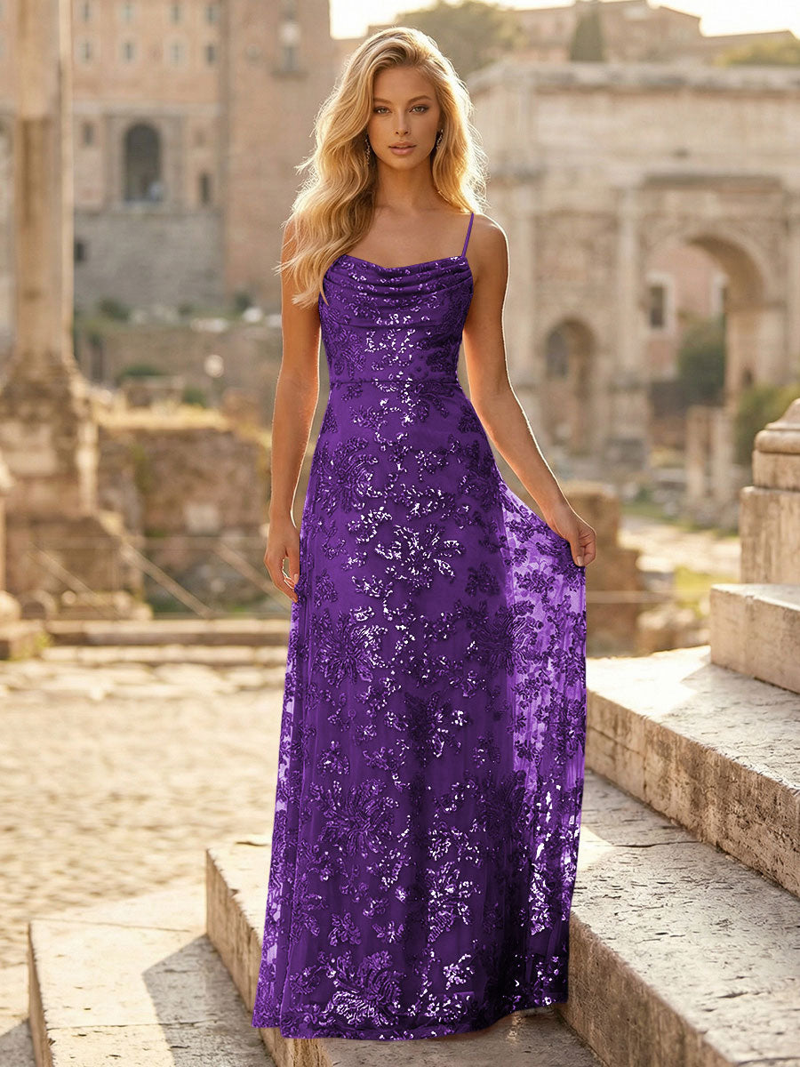 Sheath/Column Spaghetti Straps Cowl Neck Formal Dresses Maxi Party Gowns with Tulle Sequin Floral Applique