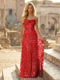 Sheath/Column Spaghetti Straps Cowl Neck Formal Dresses Maxi Party Gowns with Tulle Sequin Floral Applique